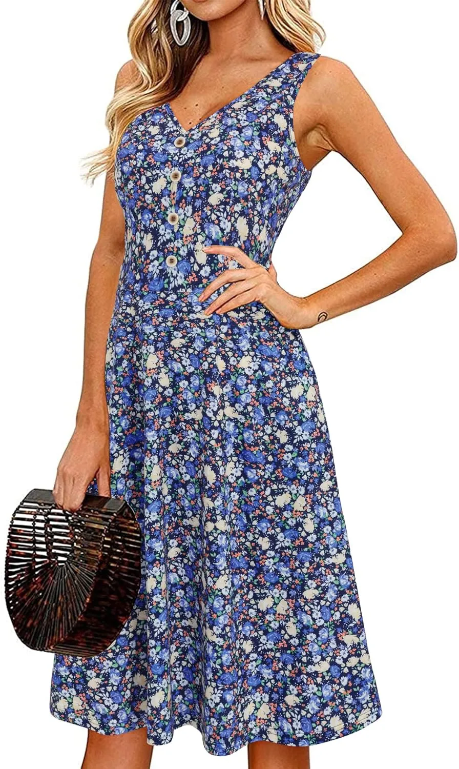 II ININ Women's 2025 Sundresses Casual Summer Tank Dress V Neck Sleeveless Button Down Midi Floral Beach Dress with Pockets