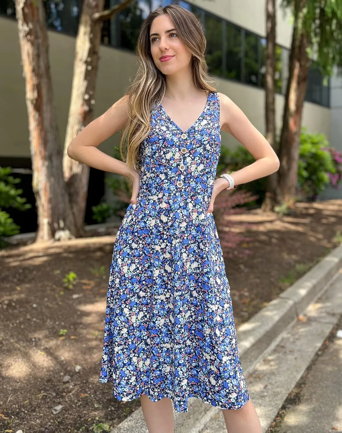 II ININ Women's 2025 Sundresses Casual Summer Tank Dress V Neck Sleeveless Button Down Midi Floral Beach Dress with Pockets