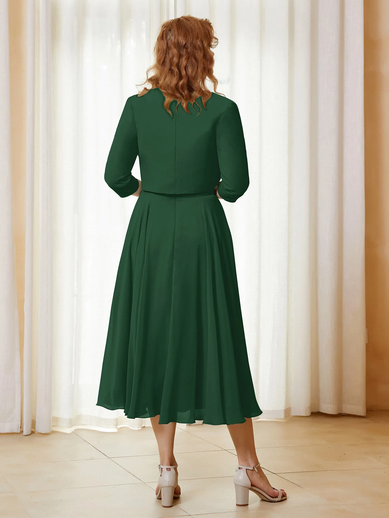 Illusion Neckline Short Sleeves Dress with Jacket Dark Green