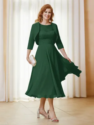 Illusion Neckline Short Sleeves Dress with Jacket Dark Green