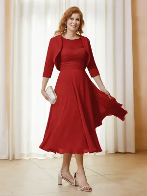 Illusion Neckline Short Sleeves Dress with Jacket Red