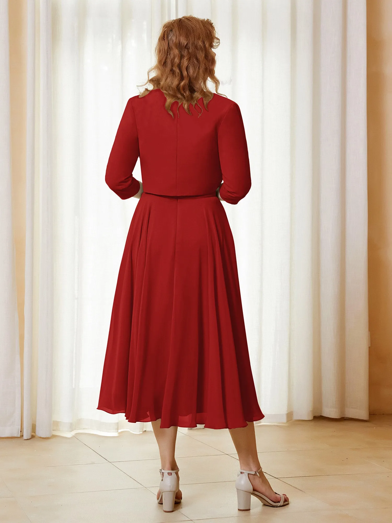 Illusion Neckline Short Sleeves Dress with Jacket Red