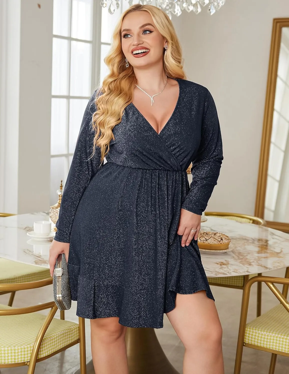IN'VOLAND Plus Size Womens Glitter Dress V Neck Long Sleeve Ruffle Hem Swing Club Cocktail Party Dresses