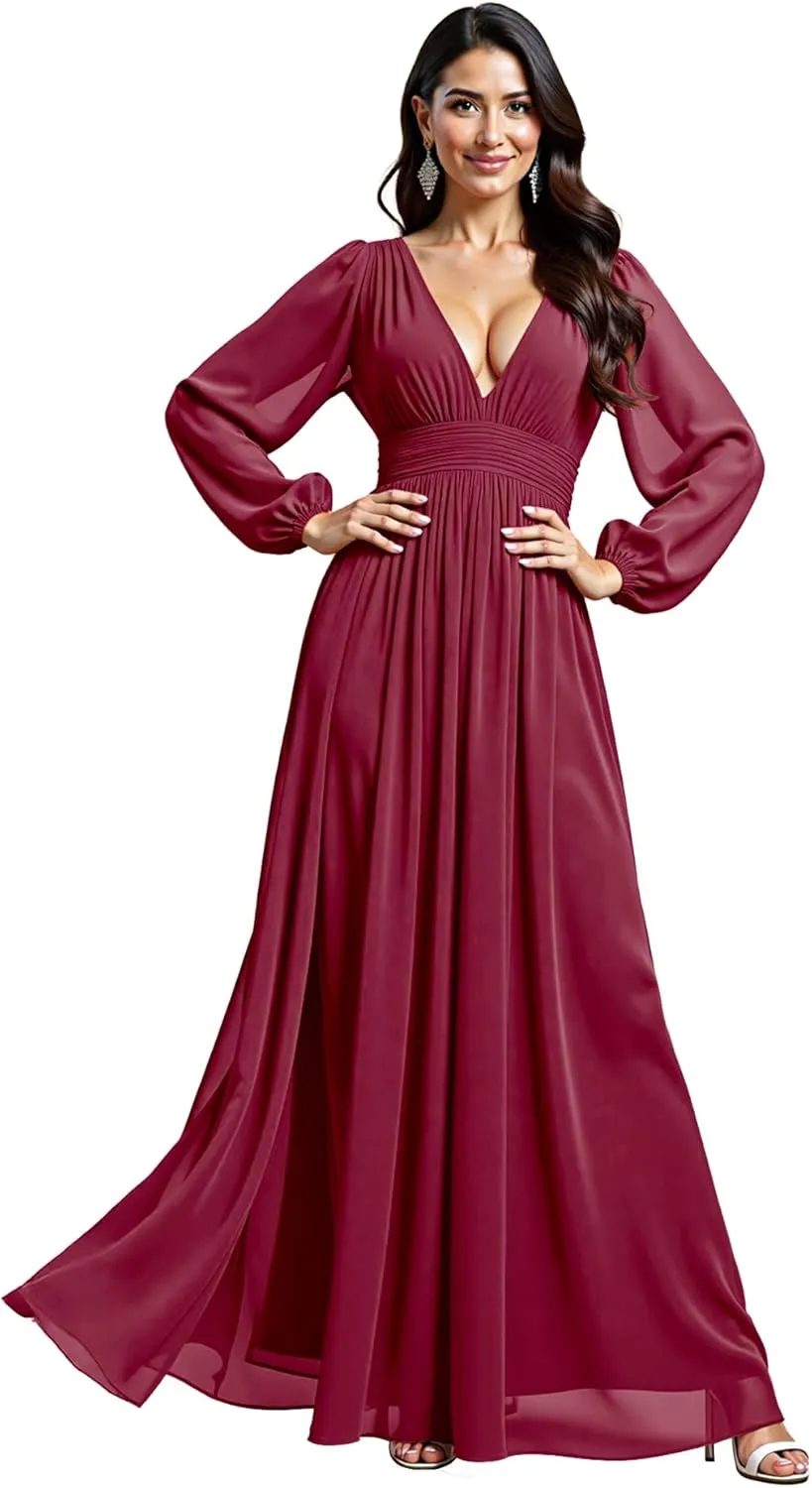 JAEDEN Bridesmaid Dresses for Women  V Neck, Long Sleeves, Chiffon A-Line Formal Evening Gown for Wedding Party