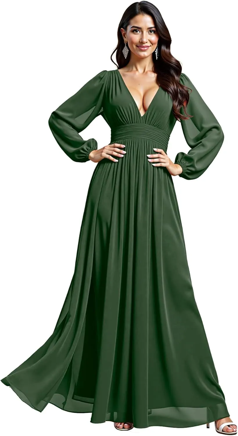 JAEDEN Bridesmaid Dresses for Women  V Neck, Long Sleeves, Chiffon A-Line Formal Evening Gown for Wedding Party