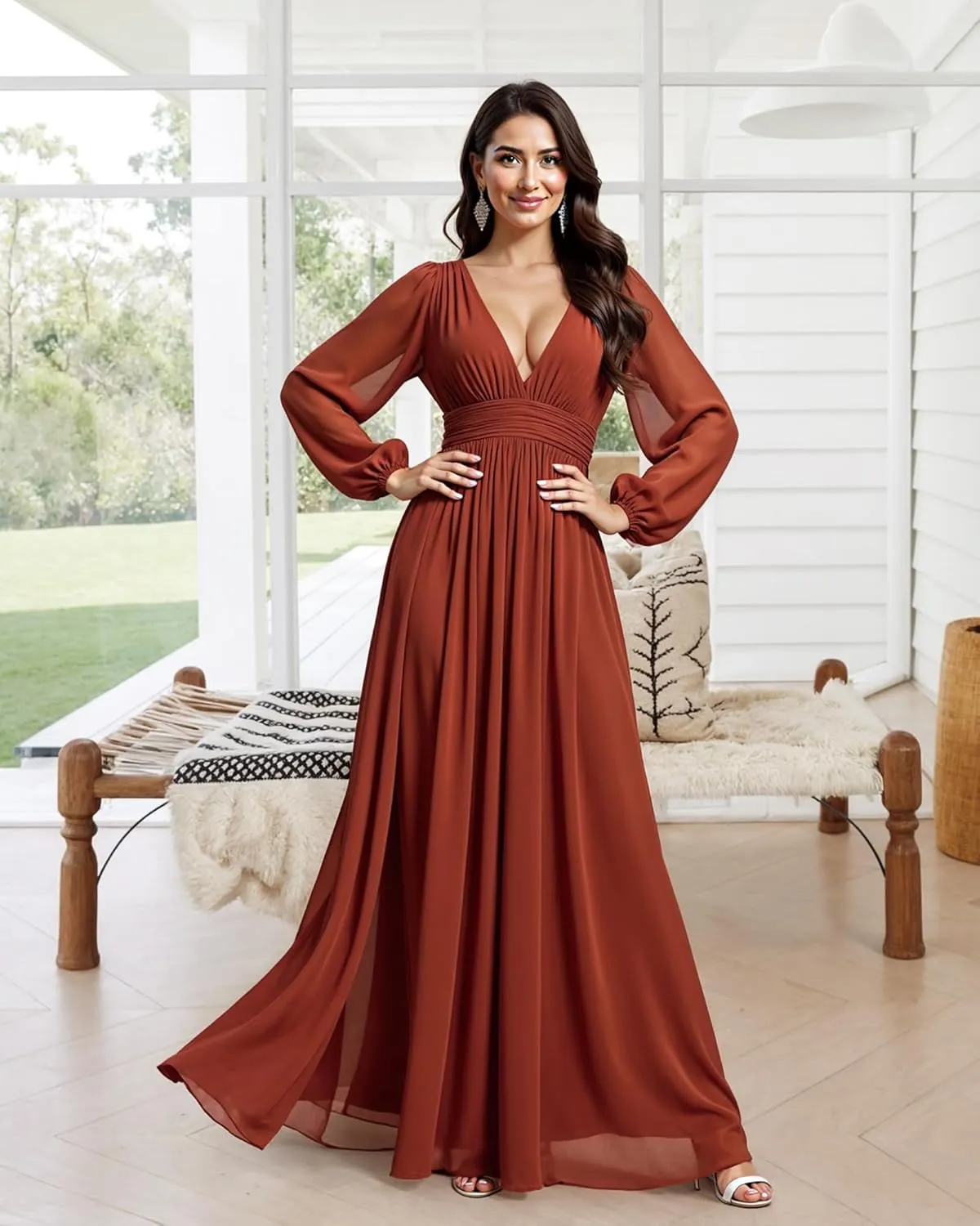 JAEDEN Bridesmaid Dresses for Women  V Neck, Long Sleeves, Chiffon A-Line Formal Evening Gown for Wedding Party