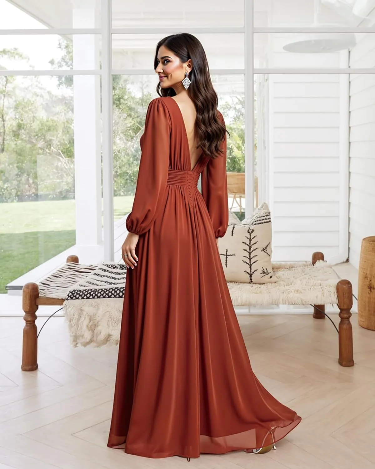 JAEDEN Bridesmaid Dresses for Women  V Neck, Long Sleeves, Chiffon A-Line Formal Evening Gown for Wedding Party