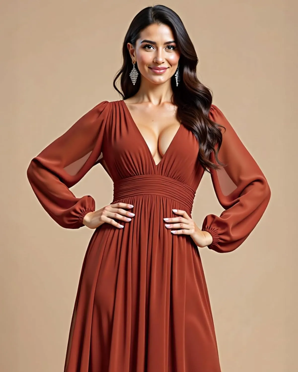 JAEDEN Bridesmaid Dresses for Women  V Neck, Long Sleeves, Chiffon A-Line Formal Evening Gown for Wedding Party