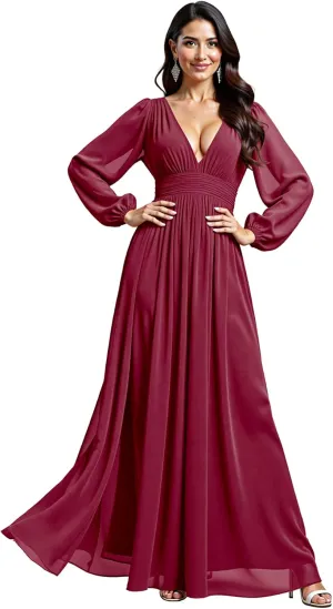 JAEDEN Bridesmaid Dresses for Women  V Neck, Long Sleeves, Chiffon A-Line Formal Evening Gown for Wedding Party