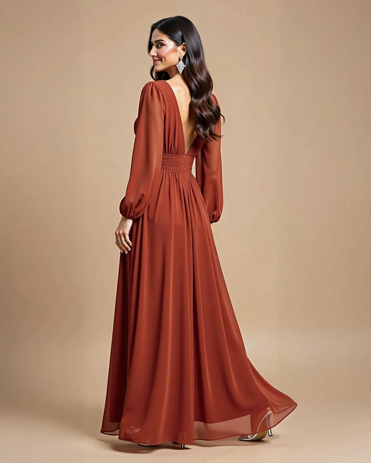 JAEDEN Bridesmaid Dresses for Women  V Neck, Long Sleeves, Chiffon A-Line Formal Evening Gown for Wedding Party
