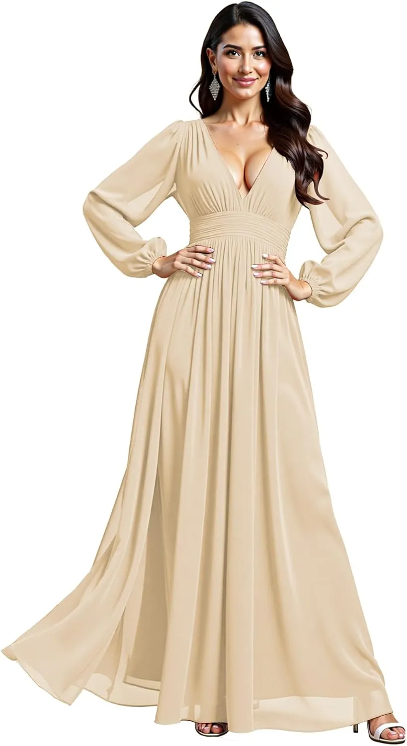 JAEDEN Bridesmaid Dresses for Women  V Neck, Long Sleeves, Chiffon A-Line Formal Evening Gown for Wedding Party