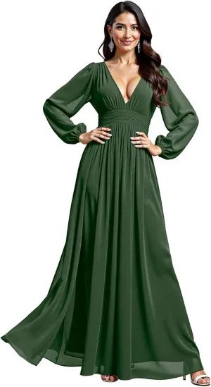 JAEDEN Bridesmaid Dresses for Women  V Neck, Long Sleeves, Chiffon A-Line Formal Evening Gown for Wedding Party