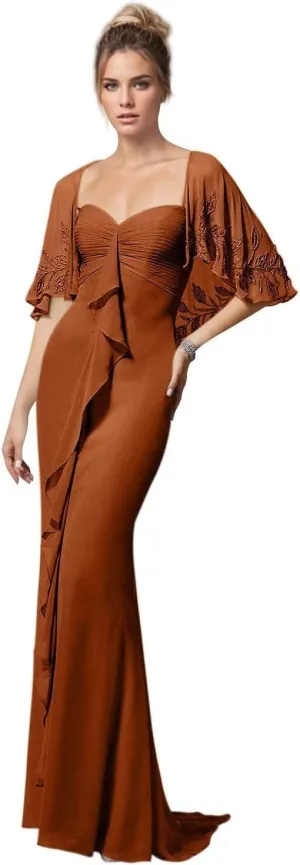 Jamille Chiffon Formal Dresses for Women Lace Applique Prom Dress with Jacket Ruffled Mermaid Ruched Evening Gown JA0258