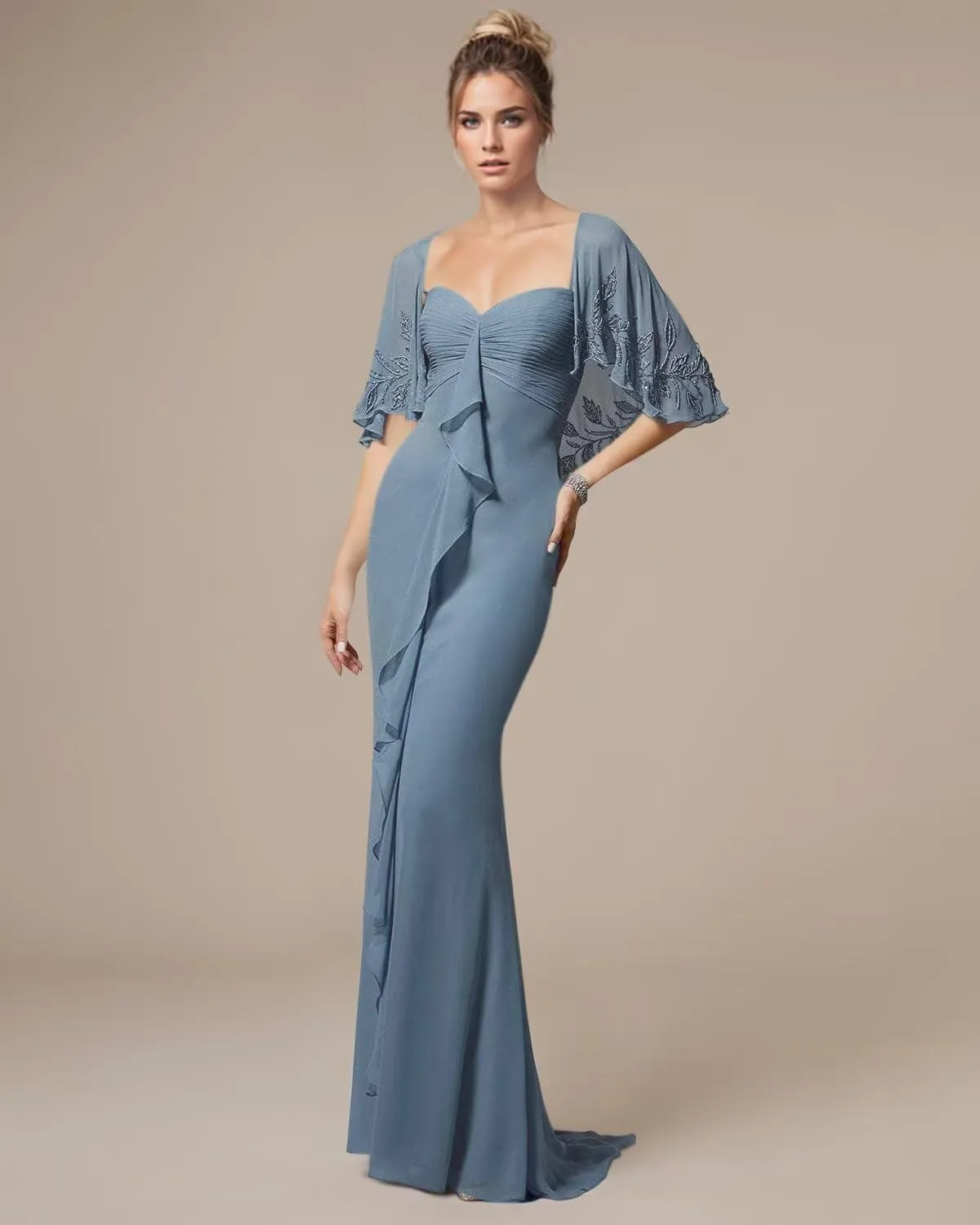 Jamille Chiffon Formal Dresses for Women Lace Applique Prom Dress with Jacket Ruffled Mermaid Ruched Evening Gown JA0258