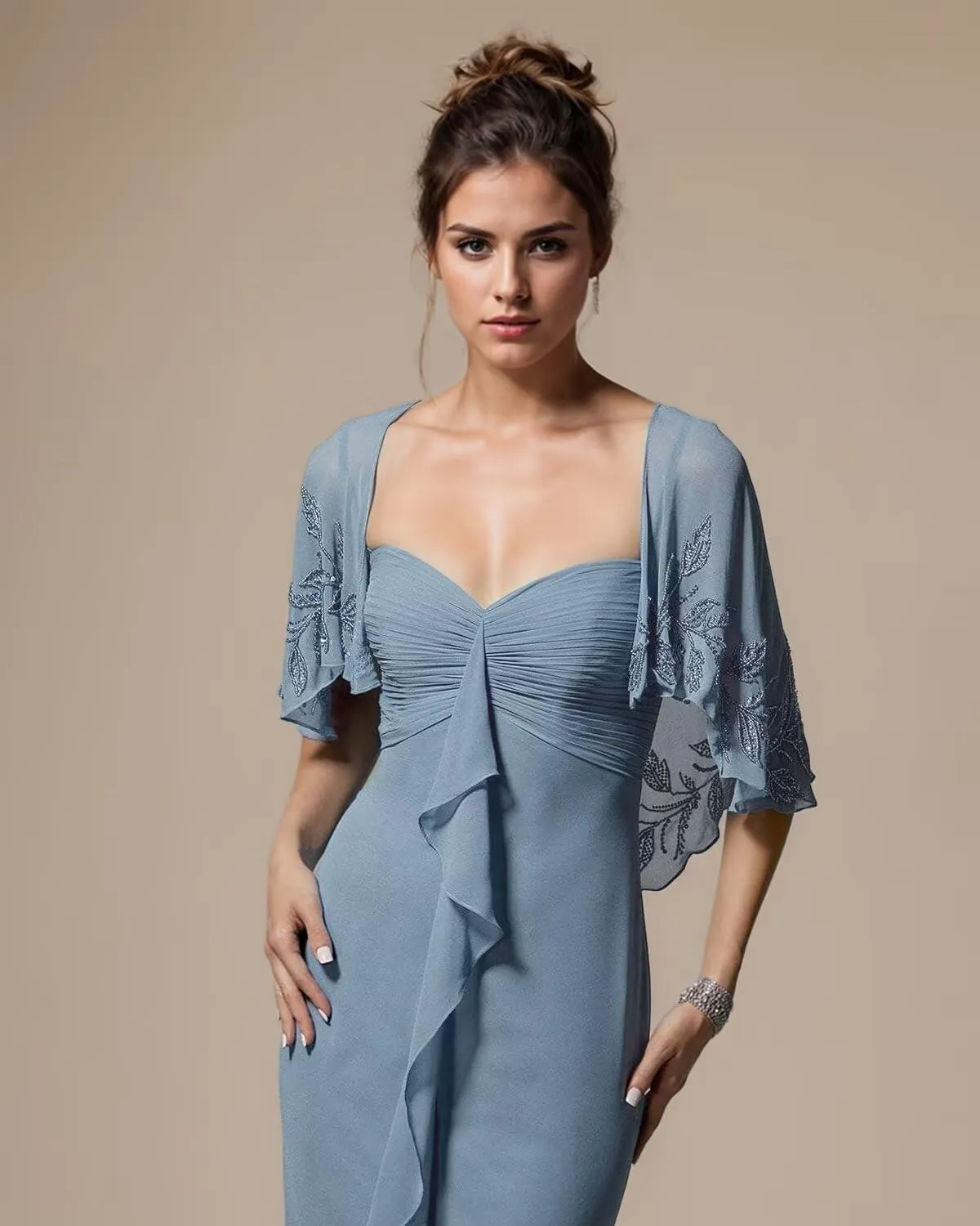 Jamille Chiffon Formal Dresses for Women Lace Applique Prom Dress with Jacket Ruffled Mermaid Ruched Evening Gown JA0258