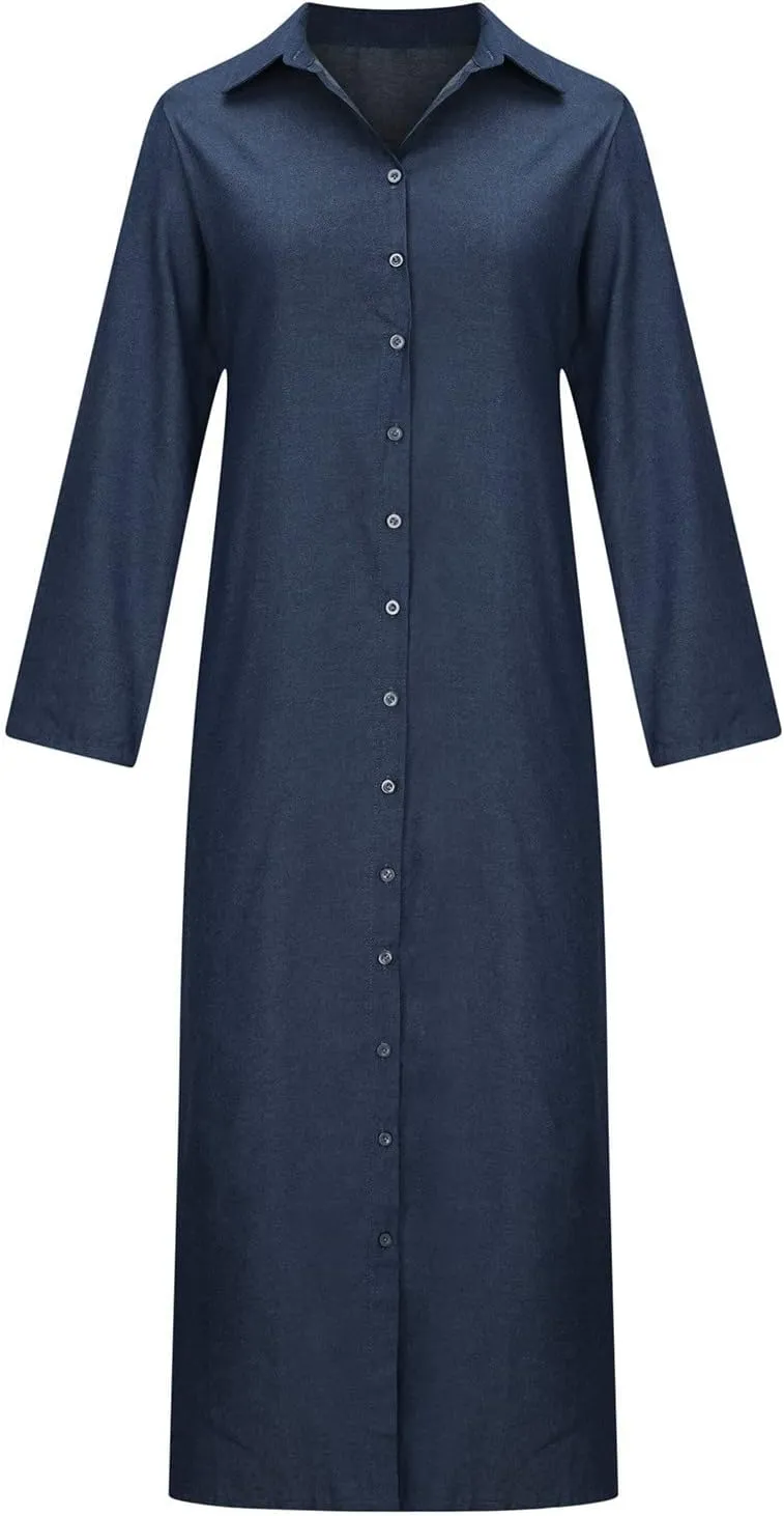 Jean Dress for Women V Neck Long Sleeve Slit 2024 Fall Button Down Denim Elegant Formal Maxi Long Dress Fashion