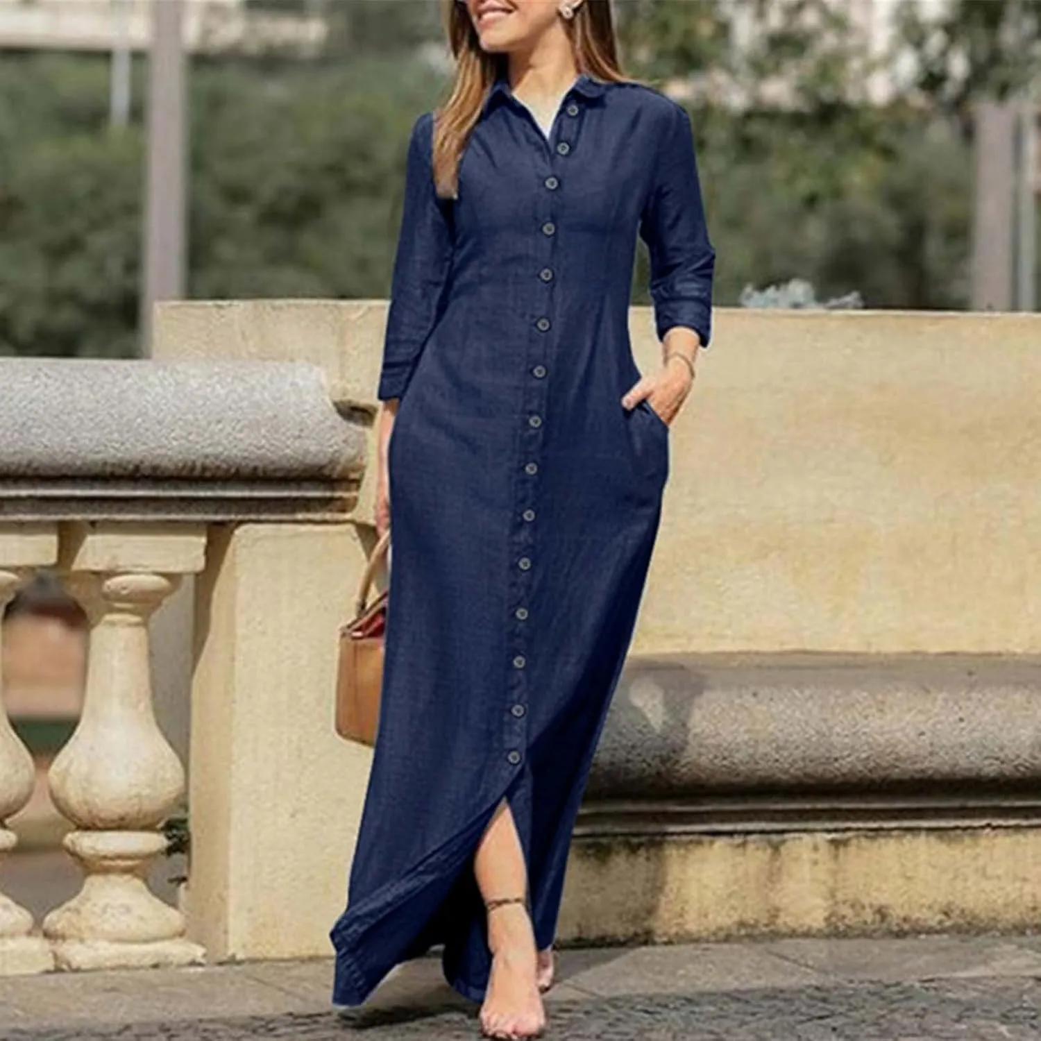 Jean Dress for Women V Neck Long Sleeve Slit 2024 Fall Button Down Denim Elegant Formal Maxi Long Dress Fashion