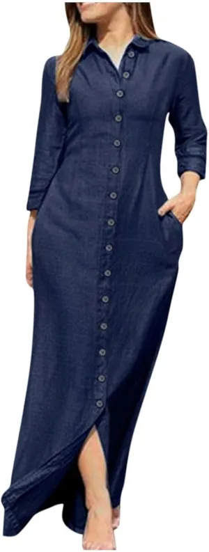 Jean Dress for Women V Neck Long Sleeve Slit 2024 Fall Button Down Denim Elegant Formal Maxi Long Dress Fashion