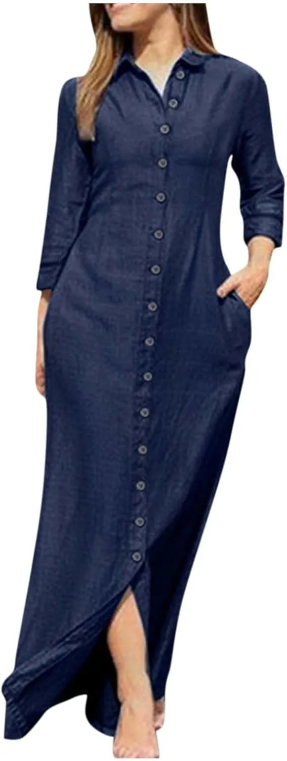 Jean Dress for Women V Neck Long Sleeve Slit 2024 Fall Button Down Denim Elegant Formal Maxi Long Dress Fashion