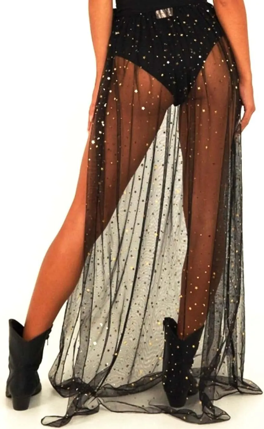 JEWEKY Mesh Slit Skirt High Waist Clubwear Star Rave Party Skirt for Women