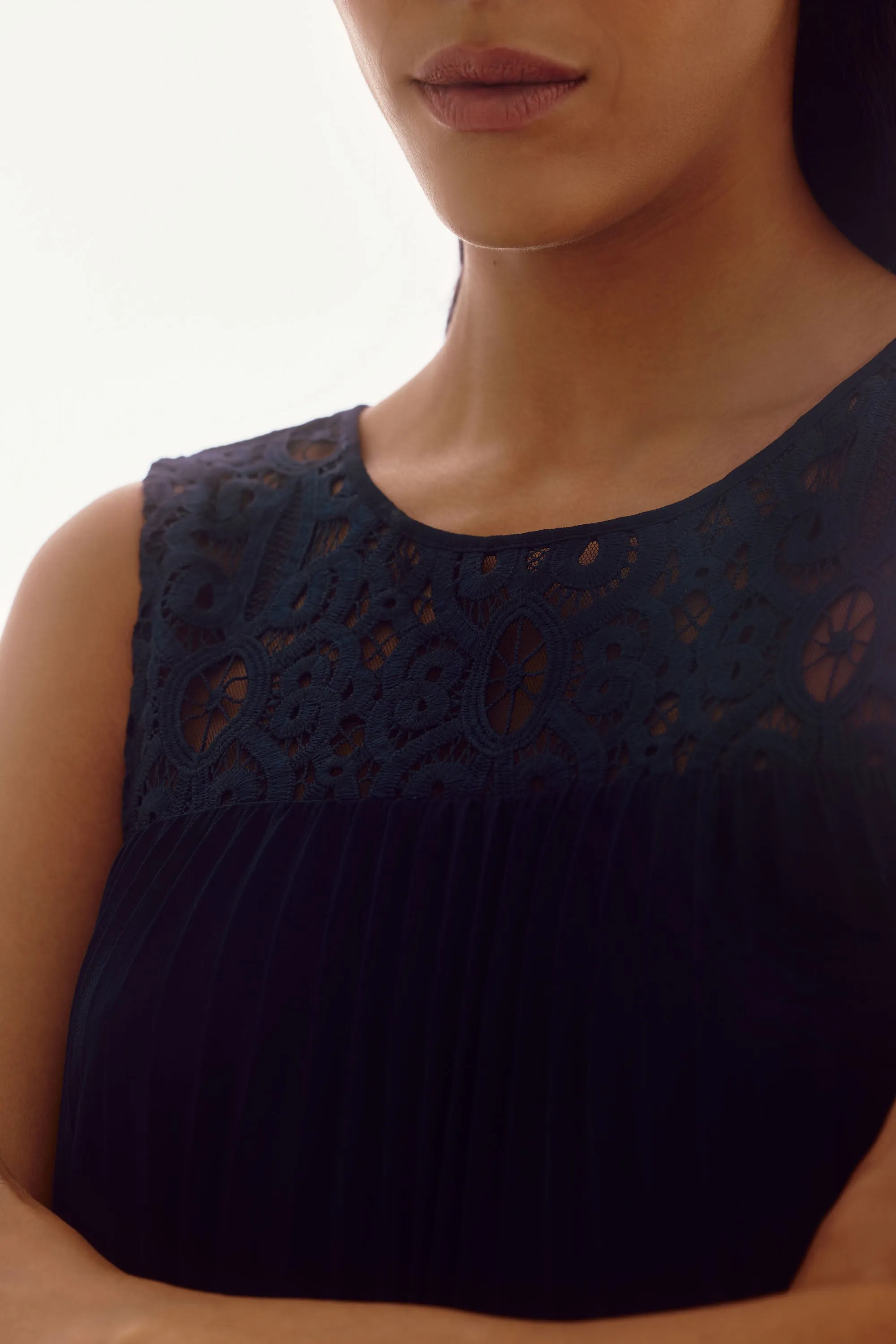 Joseph Ribkoff Midnight Blue Chiffon & Lace Sleeveless Pleated Dress Style 251767