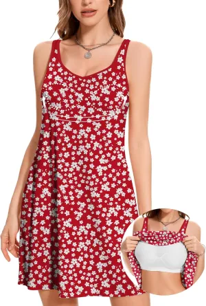 JOYSHAPER Built in Bra Summer Dress Casual Beach Sundress Flowy Adjustable Strap Dress