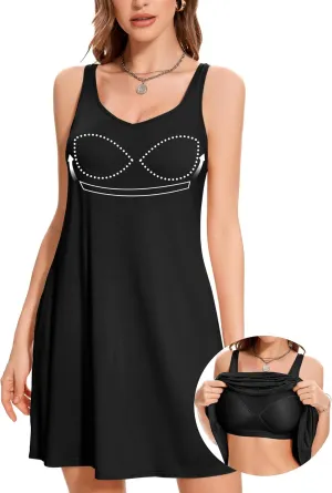 JOYSHAPER Built in Bra Summer Dress Casual Beach Sundress Flowy Adjustable Strap Dress