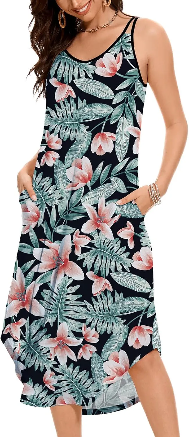 JOYSHAPER Built in Bra Summer Maxi Dresses Casual Sundress Beach Dress Vacation Dress with Pockets