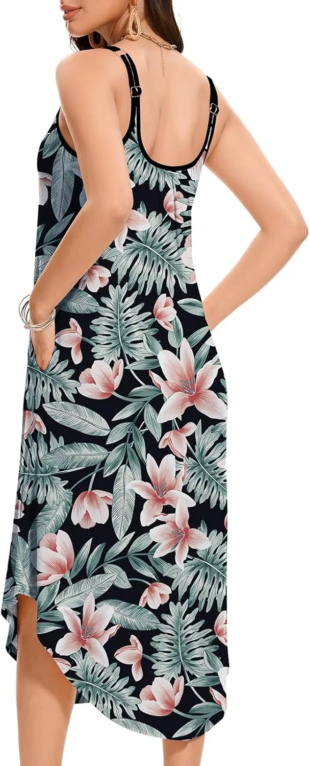 JOYSHAPER Built in Bra Summer Maxi Dresses Casual Sundress Beach Dress Vacation Dress with Pockets