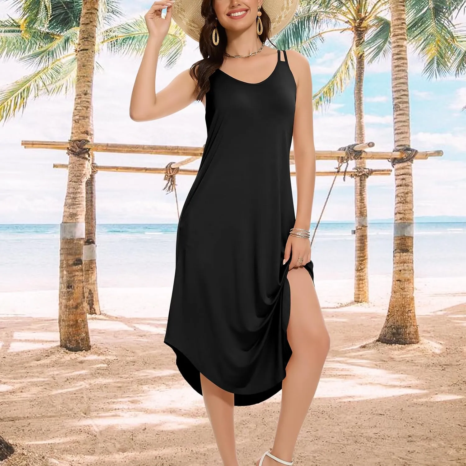 JOYSHAPER Built in Bra Summer Maxi Dresses Casual Sundress Beach Dress Vacation Dress with Pockets