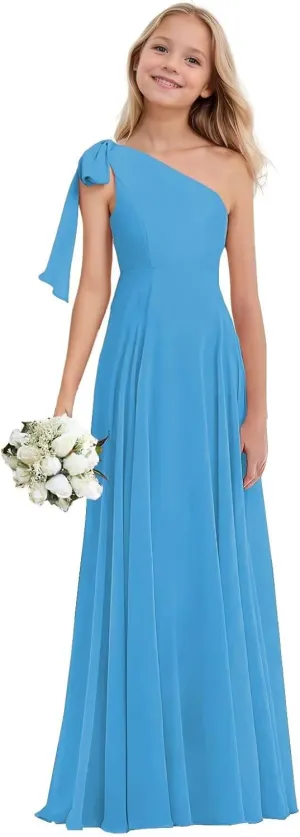 Junior Bridesmaid Dresses for Teen Girls One Shoulder Bow Chiffon Flower Girl Dress Girls Party Dresses