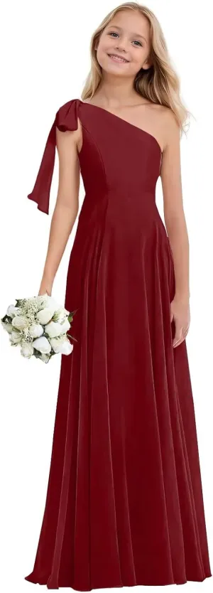Junior Bridesmaid Dresses for Teen Girls One Shoulder Bow Chiffon Flower Girl Dress Girls Party Dresses