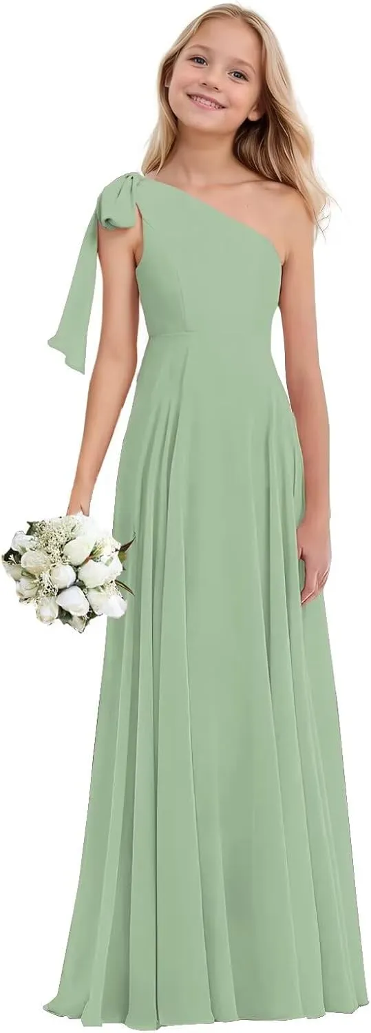 Junior Bridesmaid Dresses for Teen Girls One Shoulder Bow Chiffon Flower Girl Dress Girls Party Dresses