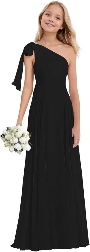 Junior Bridesmaid Dresses for Teen Girls One Shoulder Bow Chiffon Flower Girl Dress Girls Party Dresses
