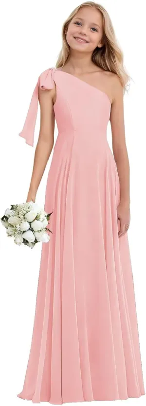 Junior Bridesmaid Dresses for Teen Girls One Shoulder Bow Chiffon Flower Girl Dress Girls Party Dresses