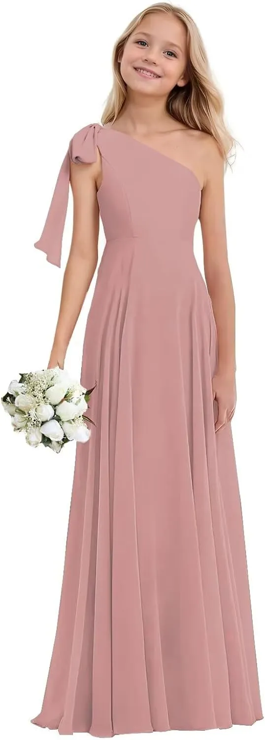 Junior Bridesmaid Dresses for Teen Girls One Shoulder Bow Chiffon Flower Girl Dress Girls Party Dresses