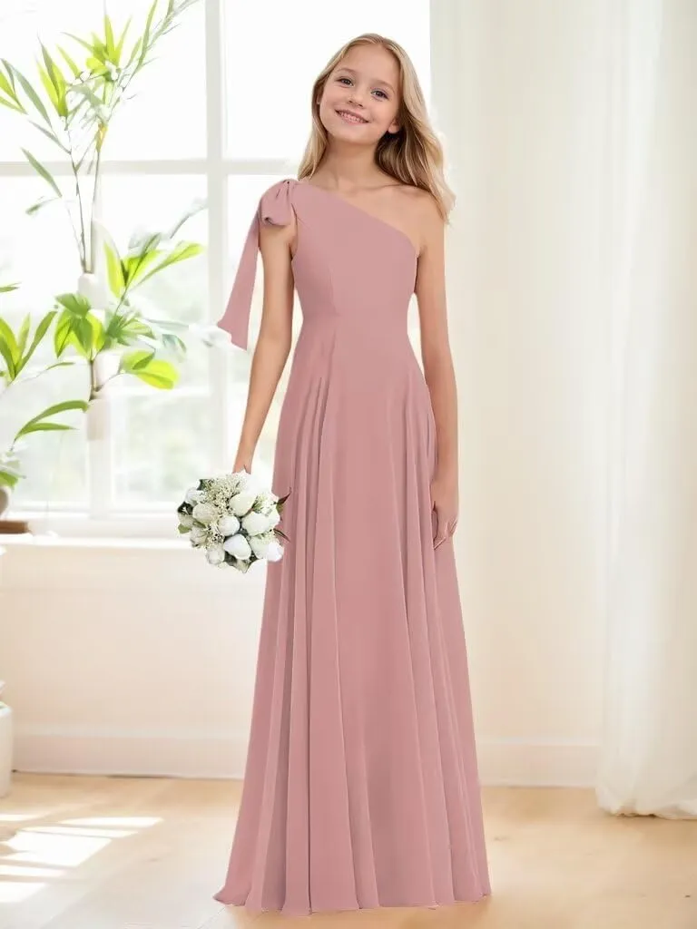 Junior Bridesmaid Dresses for Teen Girls One Shoulder Bow Chiffon Flower Girl Dress Girls Party Dresses
