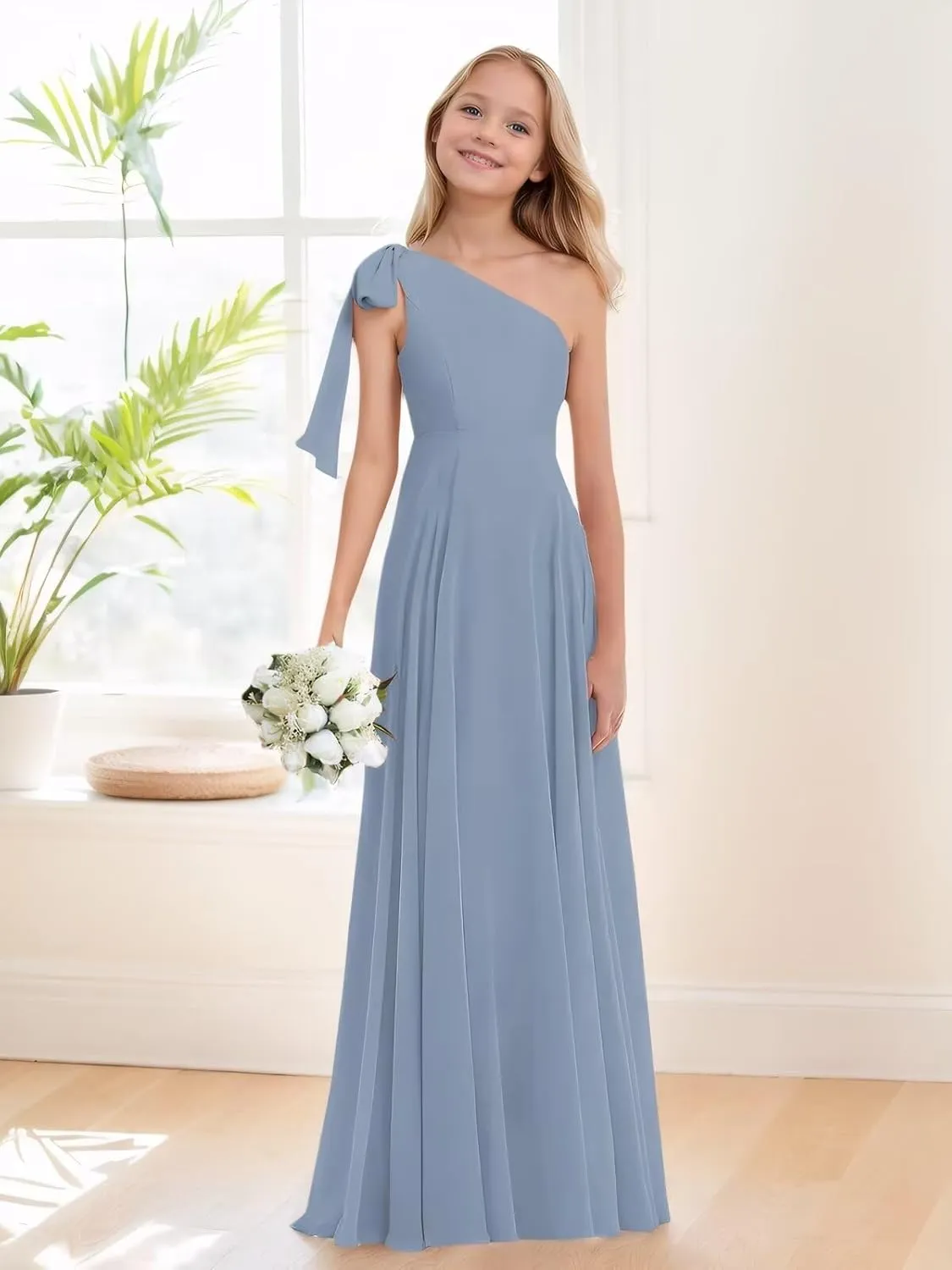 Junior Bridesmaid Dresses for Teen Girls One Shoulder Bow Chiffon Flower Girl Dress Girls Party Dresses