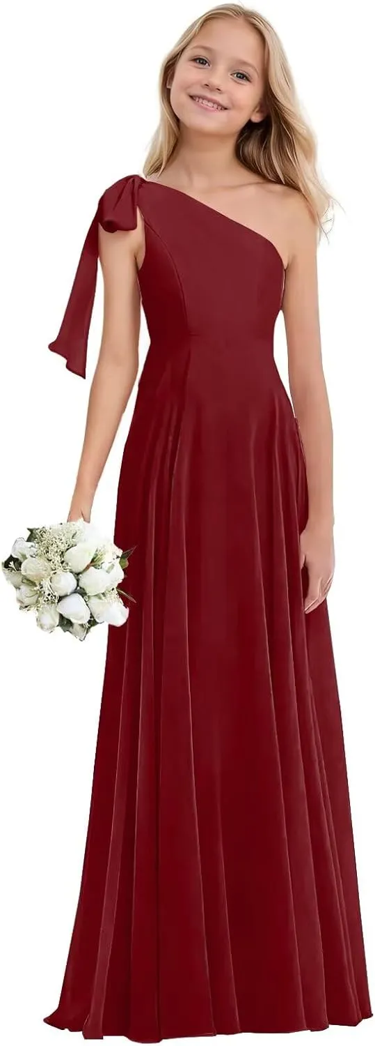 Junior Bridesmaid Dresses for Teen Girls One Shoulder Bow Chiffon Flower Girl Dress Girls Party Dresses