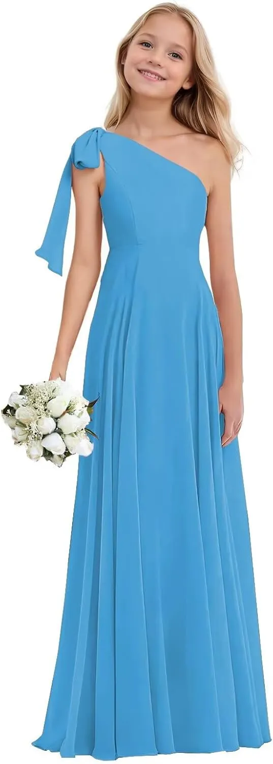 Junior Bridesmaid Dresses for Teen Girls One Shoulder Bow Chiffon Flower Girl Dress Girls Party Dresses