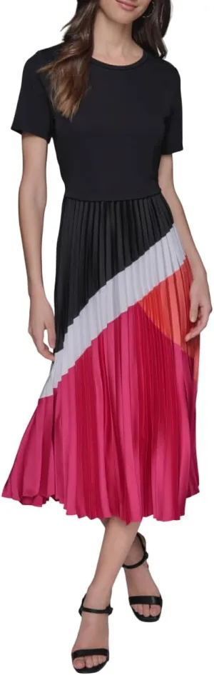 Karl Lagerfeld Paris Women's Short Sleeve Pleated Skirt A-Line Midi Dress, Black/Fuschia Multi
