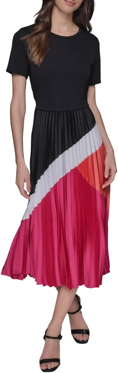 Karl Lagerfeld Paris Women's Short Sleeve Pleated Skirt A-Line Midi Dress, Black/Fuschia Multi