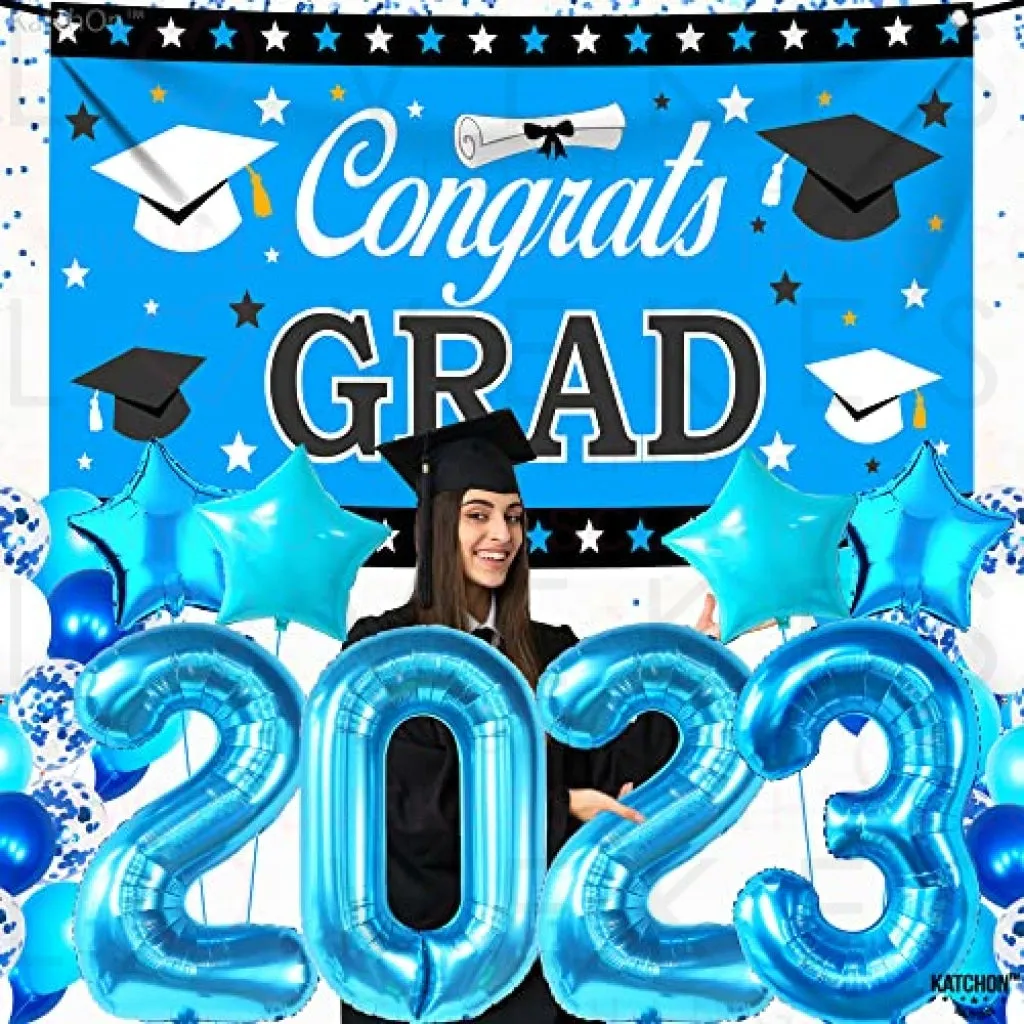 KatchOn, Graduation Decorations Class of 2023 Blue - Huge Pack of 40 | Blue 2023 Balloons | Large Congrats Grad Graduation Banner Blue with Confetti Balloons for Sky Blue Graduation Decorations 2023