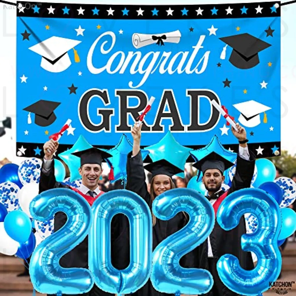 KatchOn, Graduation Decorations Class of 2023 Blue - Huge Pack of 40 | Blue 2023 Balloons | Large Congrats Grad Graduation Banner Blue with Confetti Balloons for Sky Blue Graduation Decorations 2023