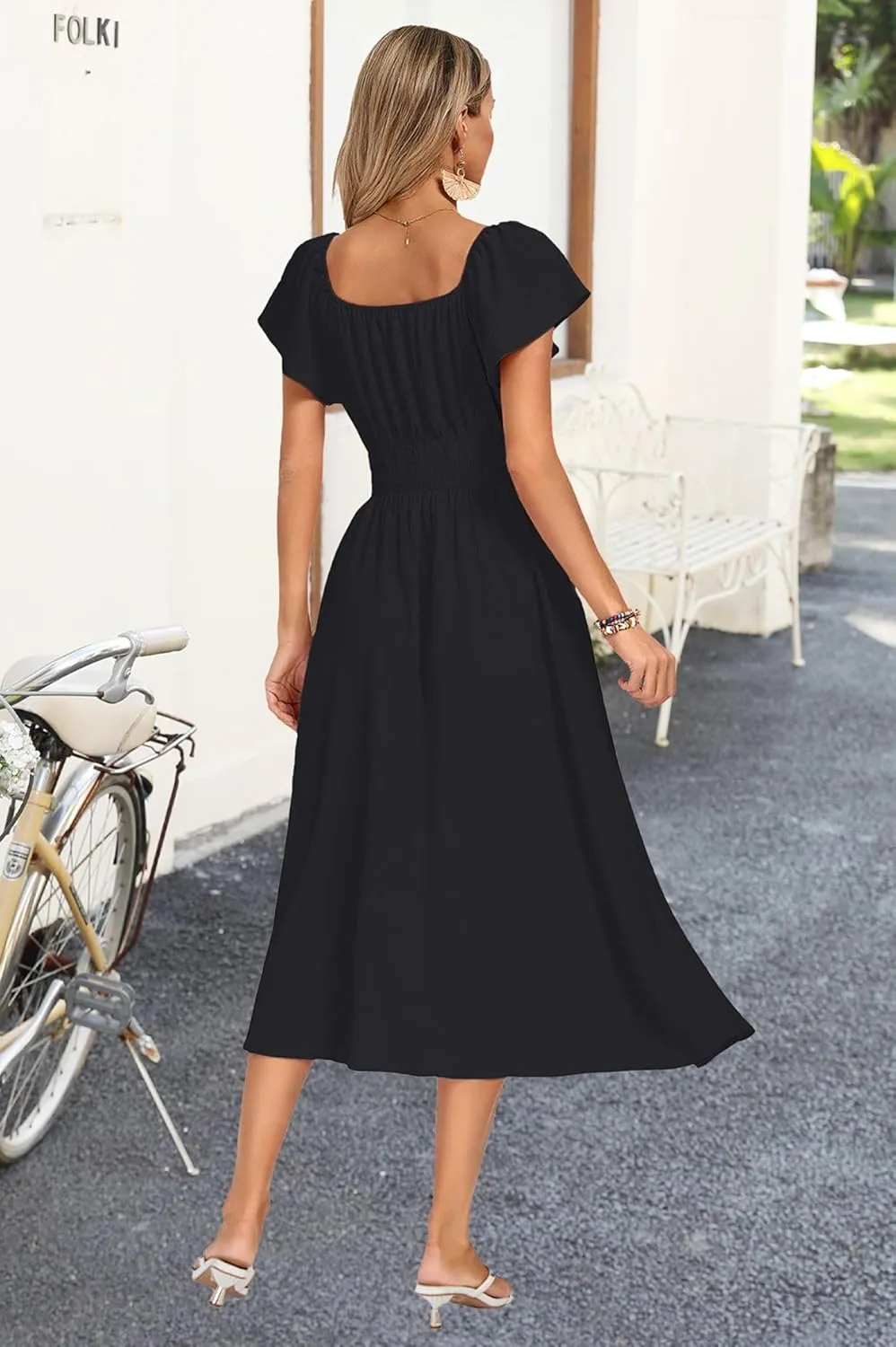 Kate Kasin Women's Summer Casual Short Sleeve V Neck Smocked Waist Split A Line Casual Vacation Boho Flowy Midi Dress