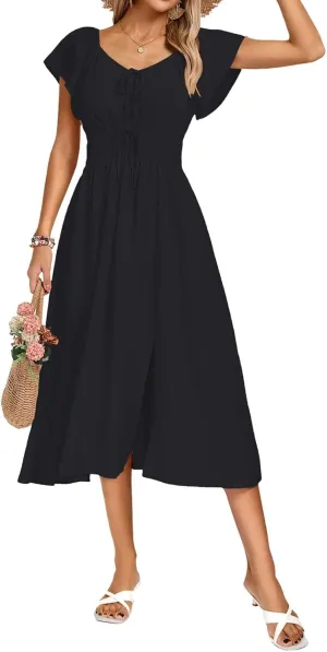 Kate Kasin Women's Summer Casual Short Sleeve V Neck Smocked Waist Split A Line Casual Vacation Boho Flowy Midi Dress