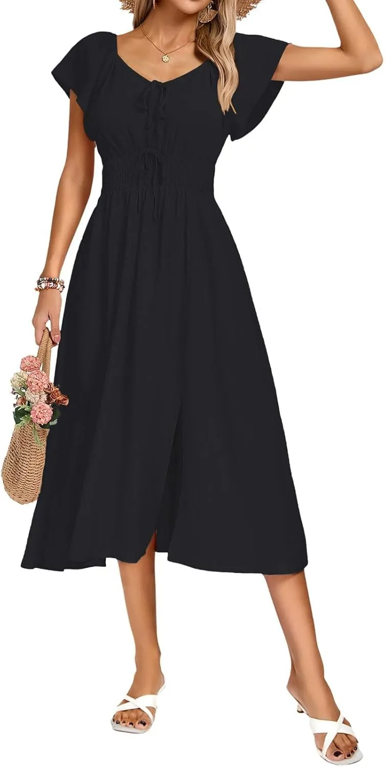 Kate Kasin Women's Summer Casual Short Sleeve V Neck Smocked Waist Split A Line Casual Vacation Boho Flowy Midi Dress