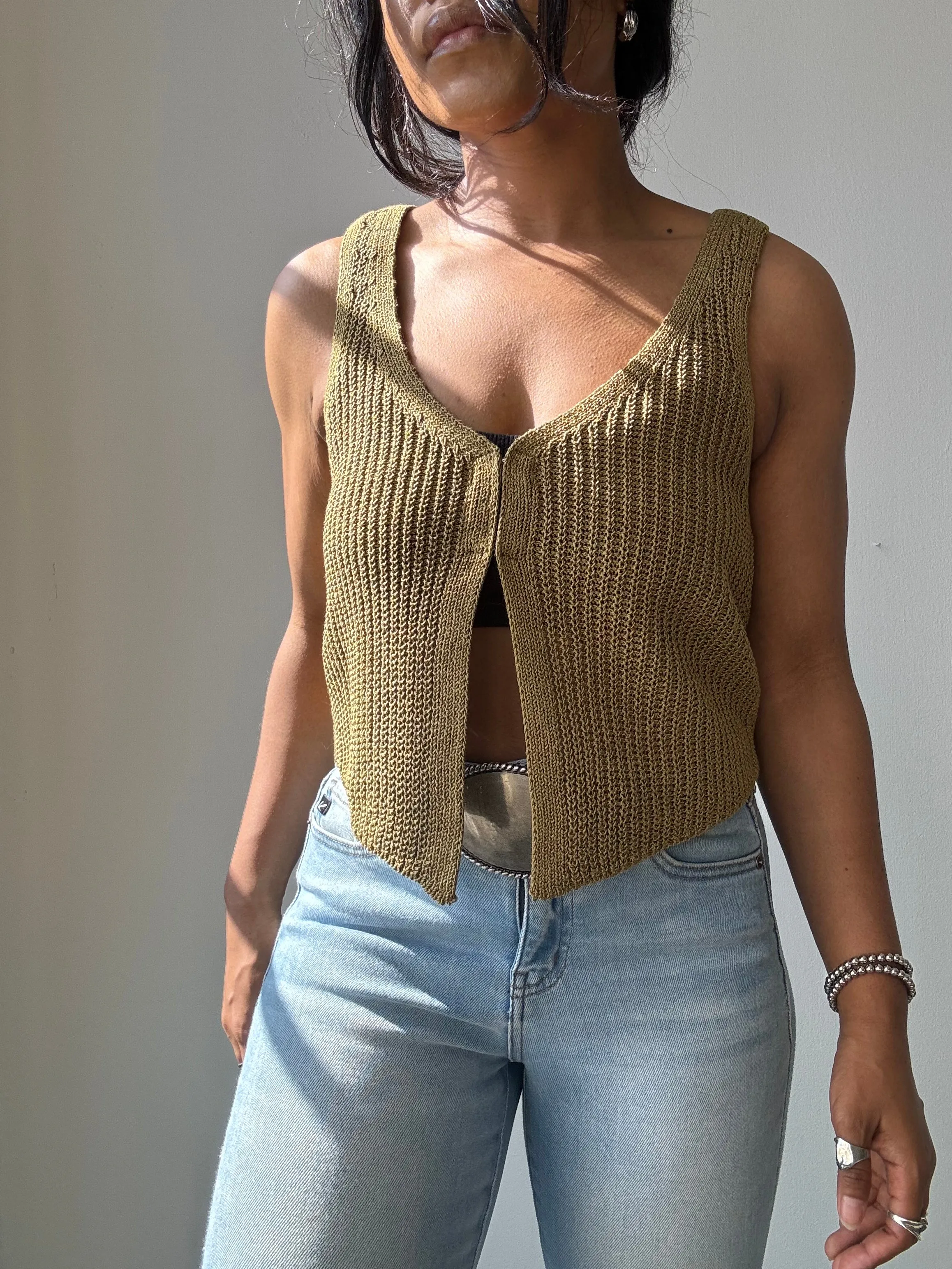 Kayla Crochet Knit Vest In Olive