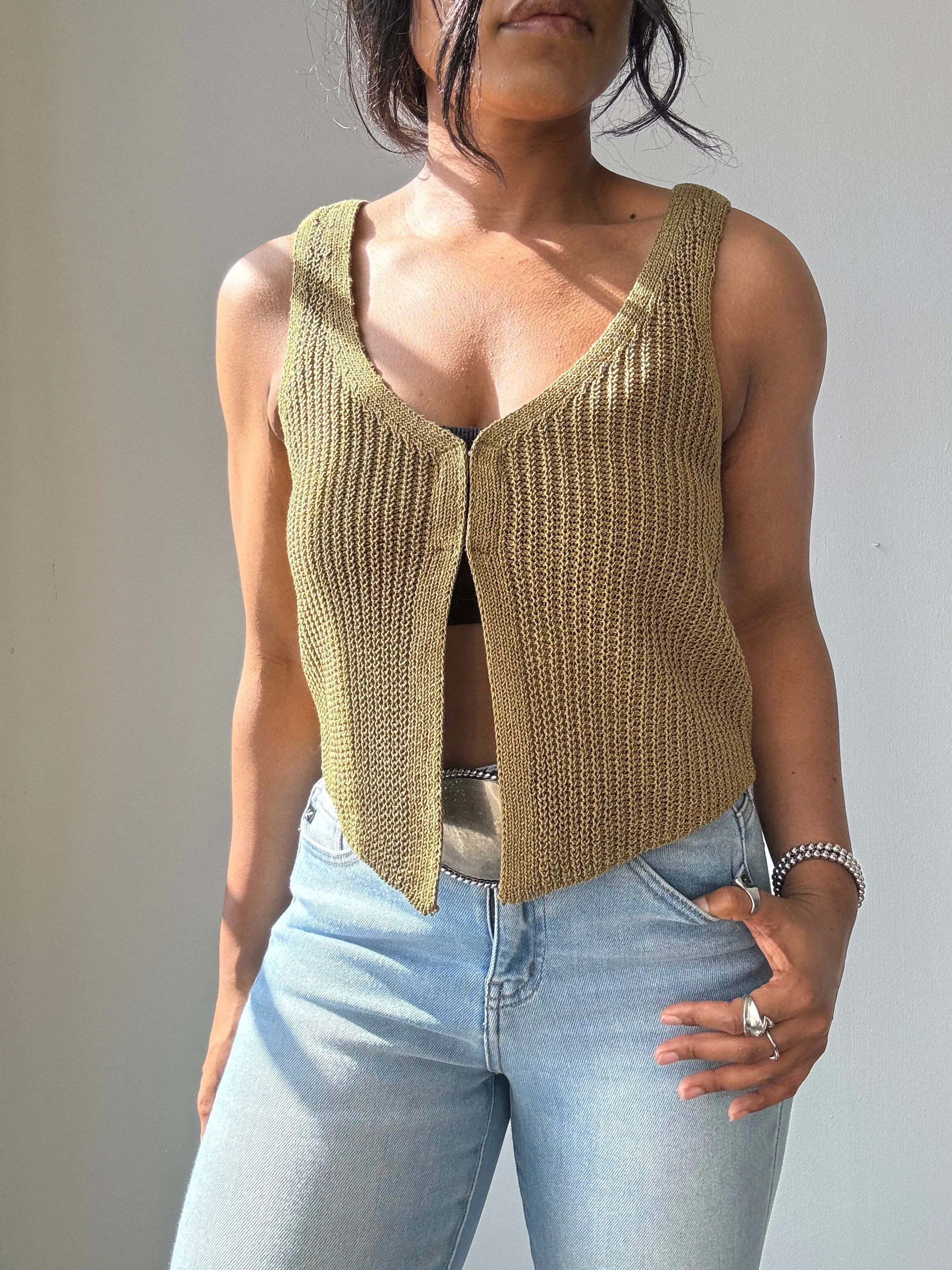 Kayla Crochet Knit Vest In Olive
