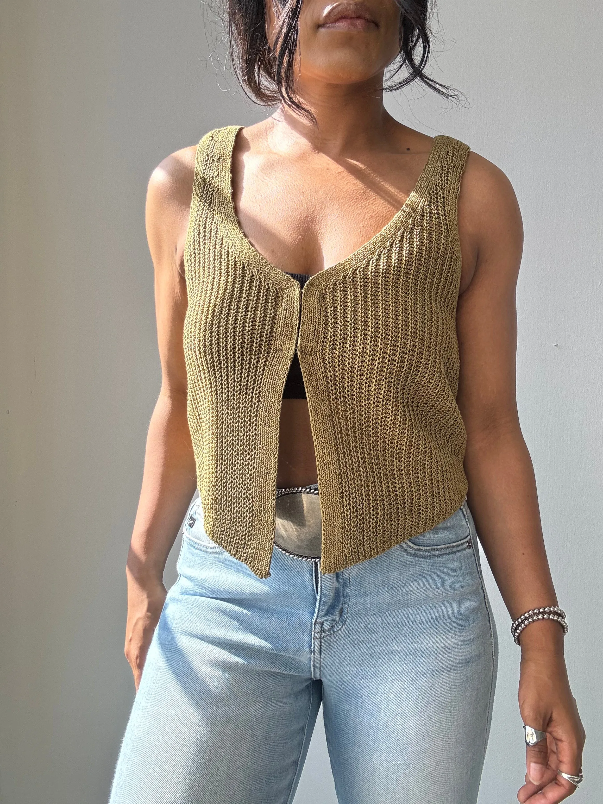 Kayla Crochet Knit Vest In Olive